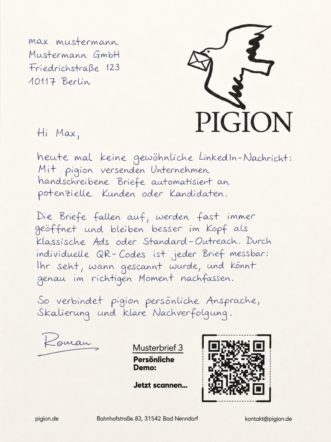 Persönlicher handgeschriebener Pigion-Brief